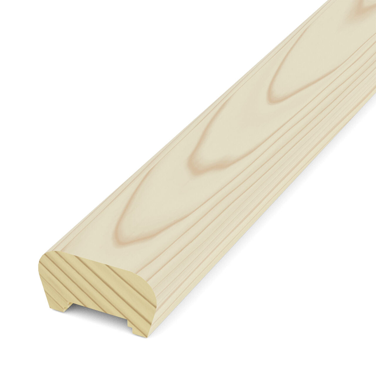 The Go Build 2 in. x 4 in. x 6 ft. Pressure Treated Wood Moulded Handrail features a smooth, rounded top and grooved sides, shown in light-colored wood against a white background.